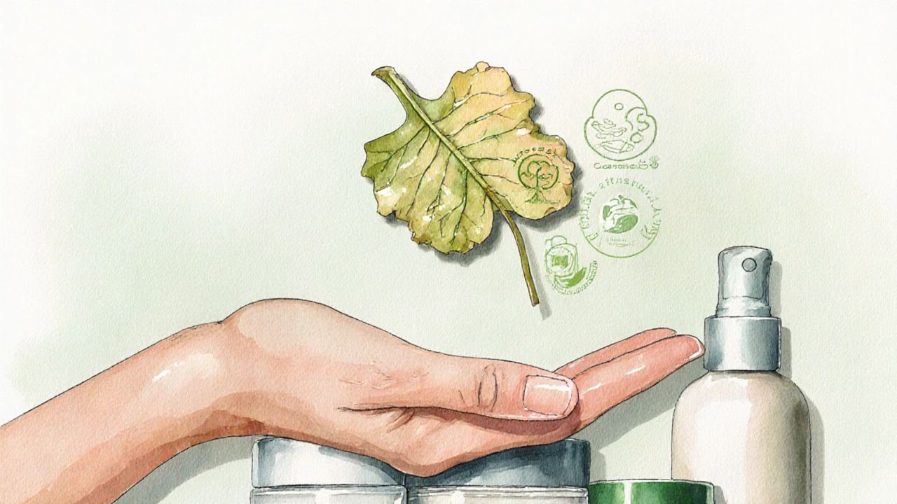 Akvarelová pečeť z listu nad rukou s bio produkty, symbolizující certifikace.