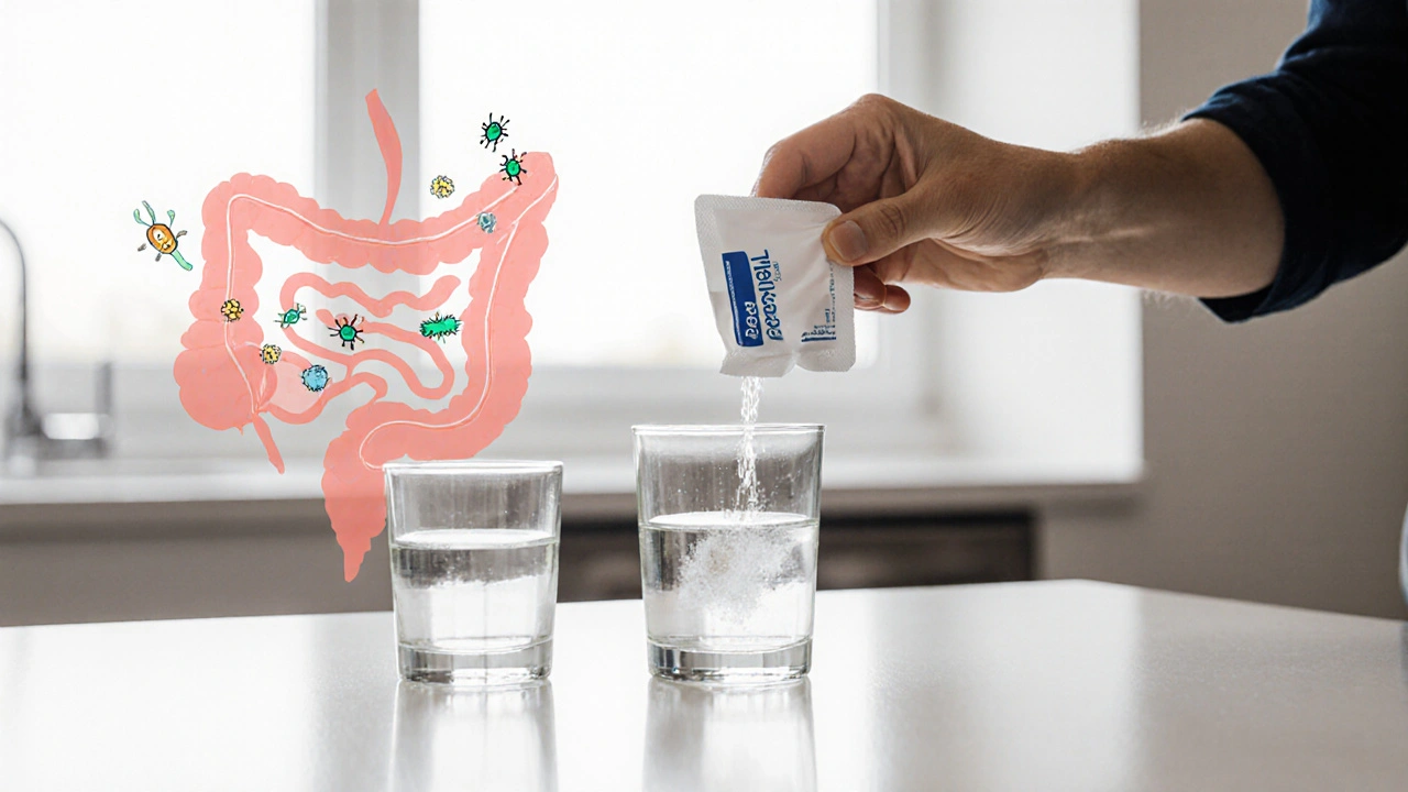 Dospělý připravuje Enterosgel v agua, dítě má poloviční dávku.