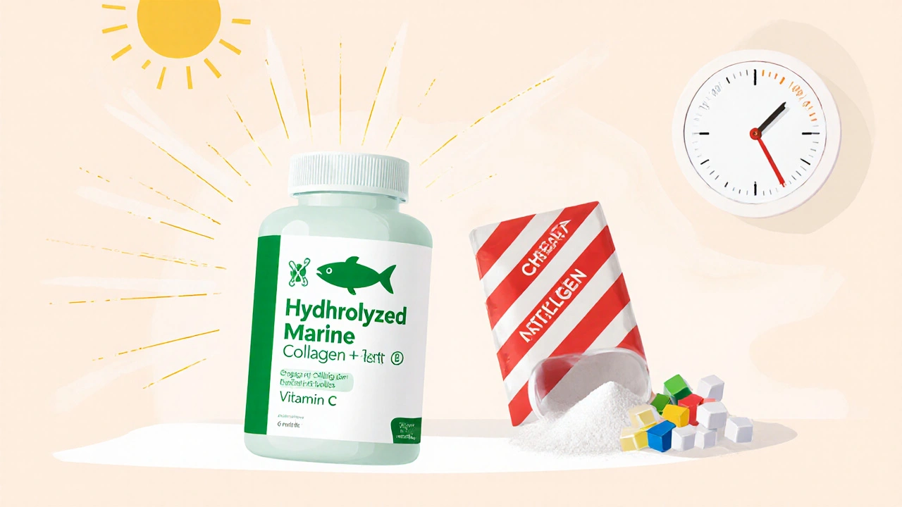 Dvě lahvičky s kolagenem: kvalitní vs. levná verze s cukrem a barvivy.