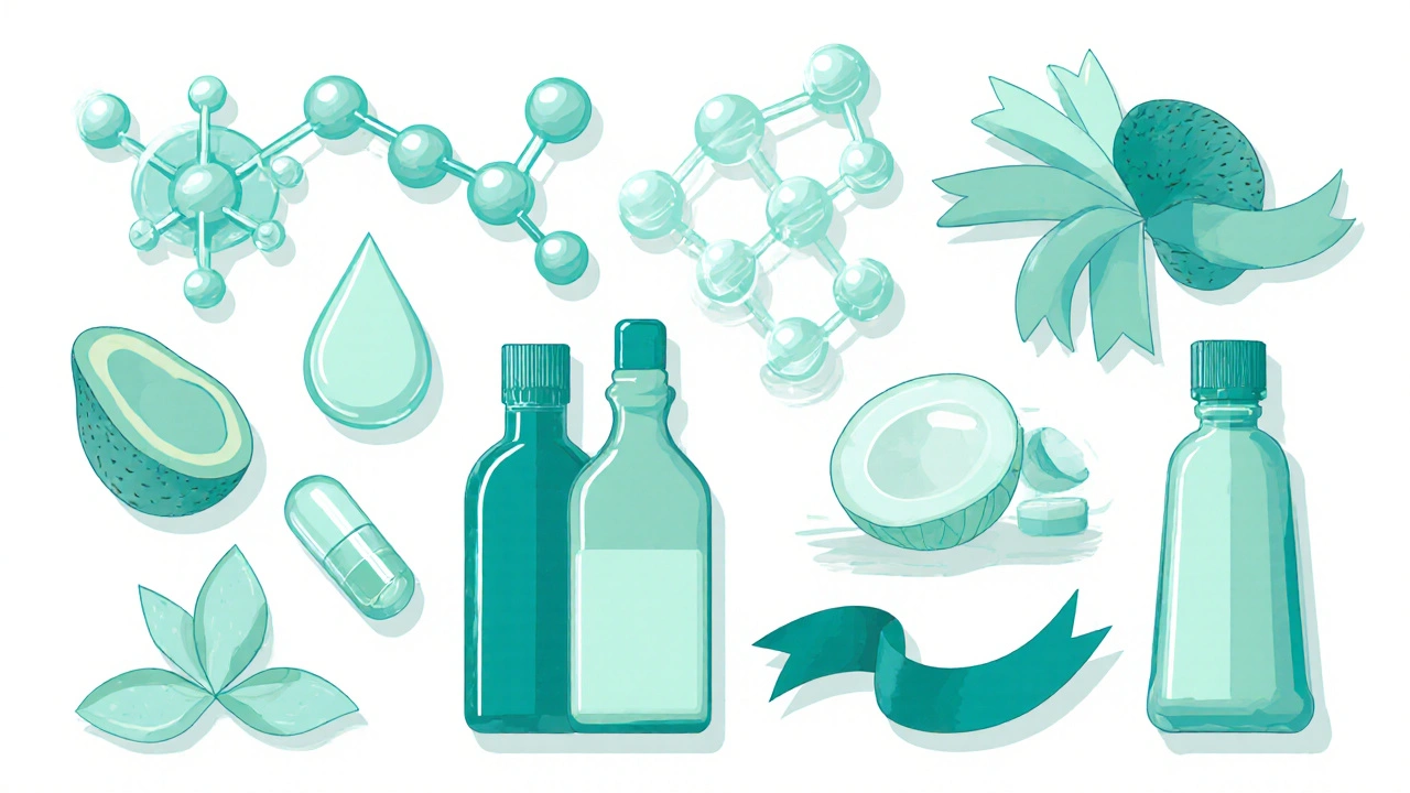 Ilustrace ingrediencí: hyaluronová kyselina, glycerin, panthenol a oleje argan, kokos, avokádo.