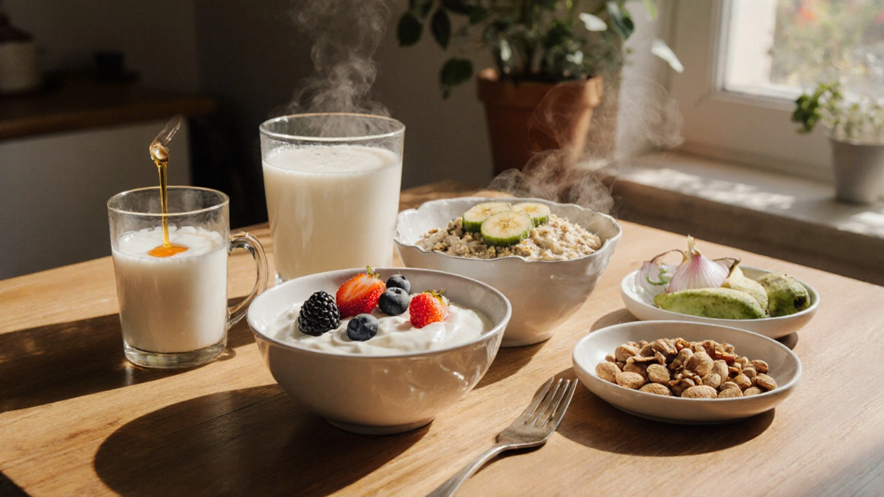Jasná snídaně s jogurtem, kefírem, ovesnou kaší, česnekem a cibulí představující probiotika a prebiotika.