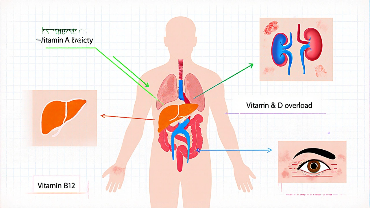 Lékařská ilustrace těla ukazující poškození jater, ledvin a kůže při předávkování vitamíny.