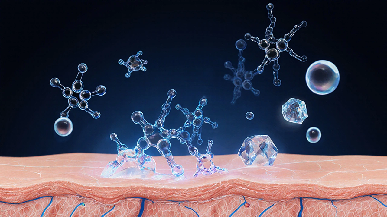 Molekuly kolagenu tkané do kůže s hyaluronovou kyselinou a vitamínem C.