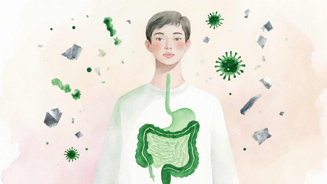 Osoba po detoxikaci, střevní trakt září a toxiny odcházejí.
