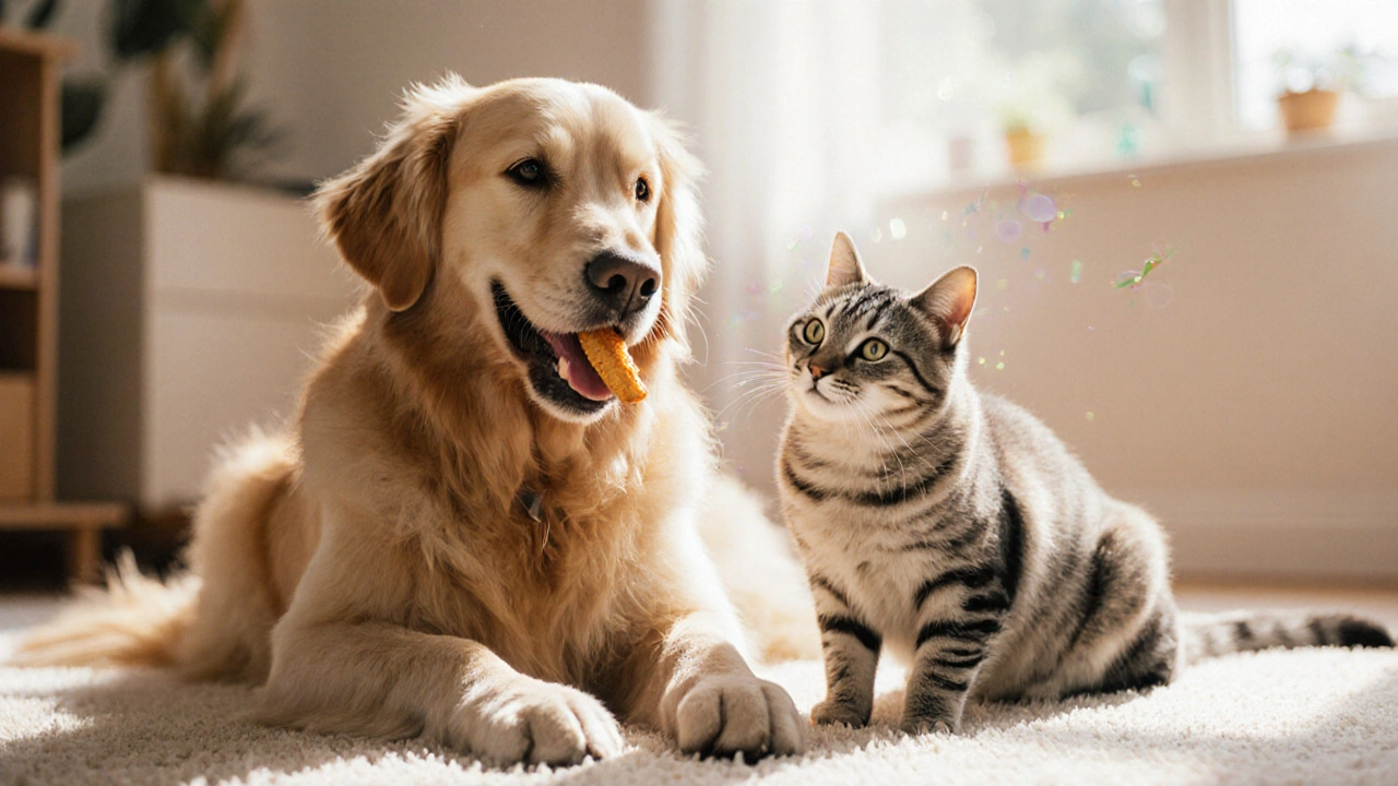 Pes a kočka jedí kolagenové bonbóny Biomedix s leskoucí srstí a jasnýma očima v domácím prostředí.