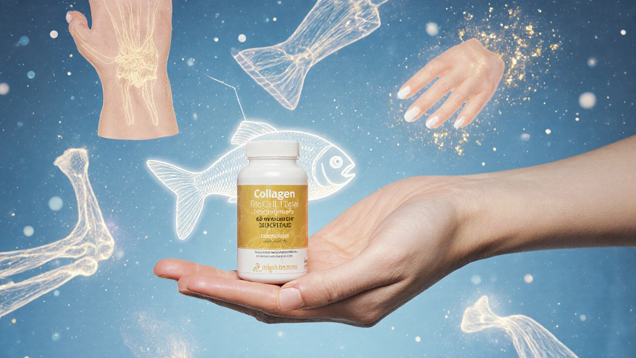 Rybný kolagen v podobě zářících vláken spojujících kůži, klouby, vlasy a nehty s vnitřní energií.