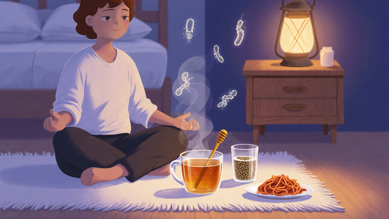 Večerní meditace s čajovou šálkem, lněným semínkem a kimchi, symbolizující klid a podporu mikrobiomu.