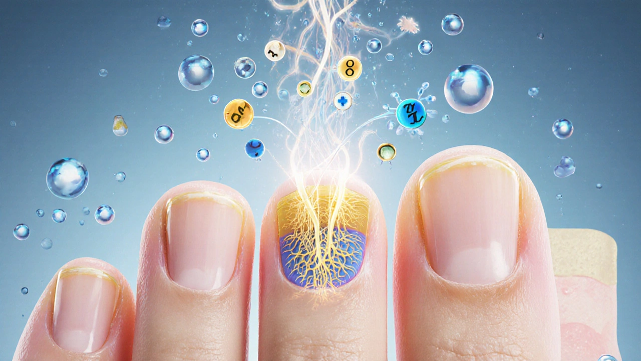 Vnitřní struktura nehtové matrice s výživou a krevním oběhem pod kůží.