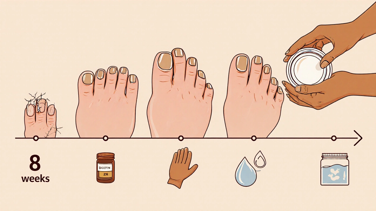 Vývoj nehtů během 8 týdnů – od zlomených k silným, lesklým nehtům.