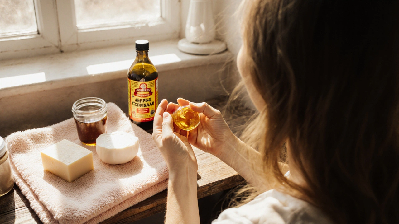 Žena natírá dlouhé vlasy přírodními oleji a olejem z jablečného octa v slunečném prostředí.
