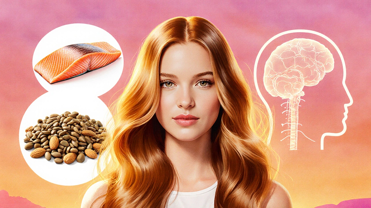 Žena s lesklými zdravými vlasy, kolem ní potraviny bohaté na omega‑3 a vitamín E, symbolizující zlepšenou péči.