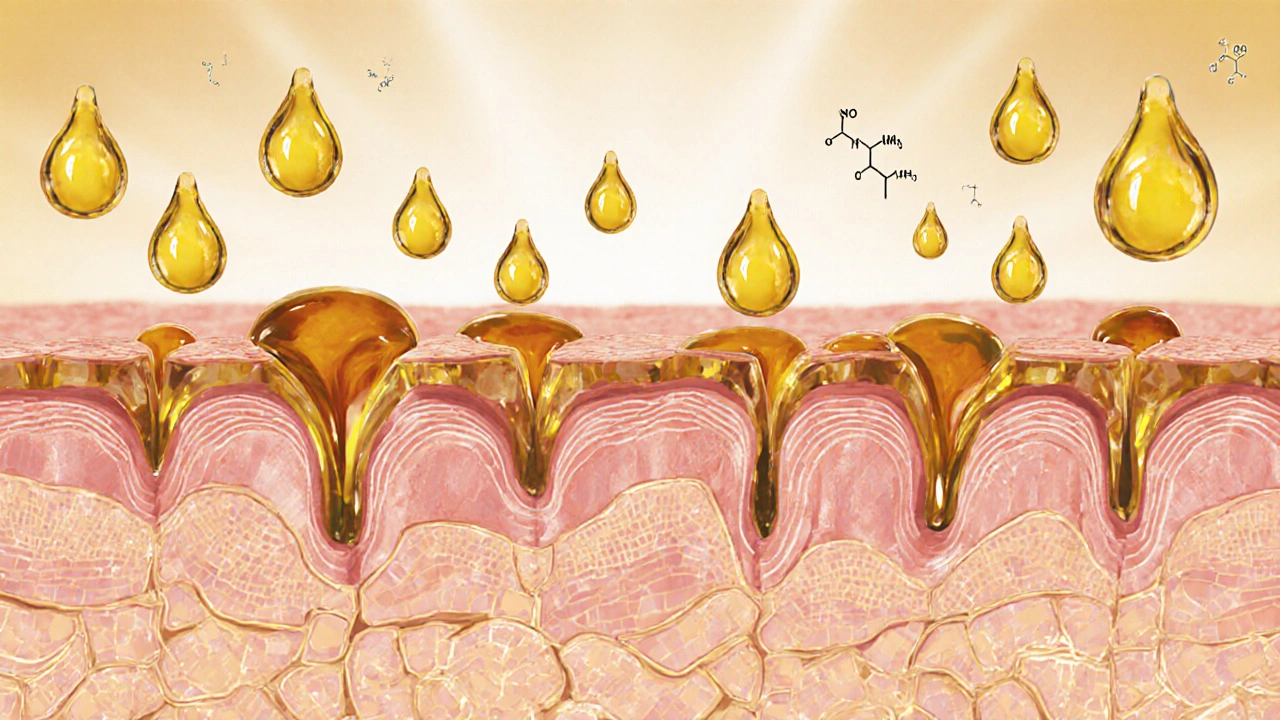 Abstraktní znázornění lipidové bariéry kůže obnovované rostlinnými oleji.