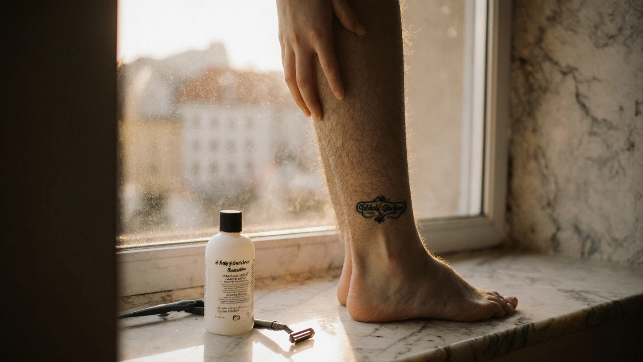 Blízký pohled na nohu s přirozenými chloupky vedle opuštěné britvy a krému, sluneční světlo, Praha v pozadí.