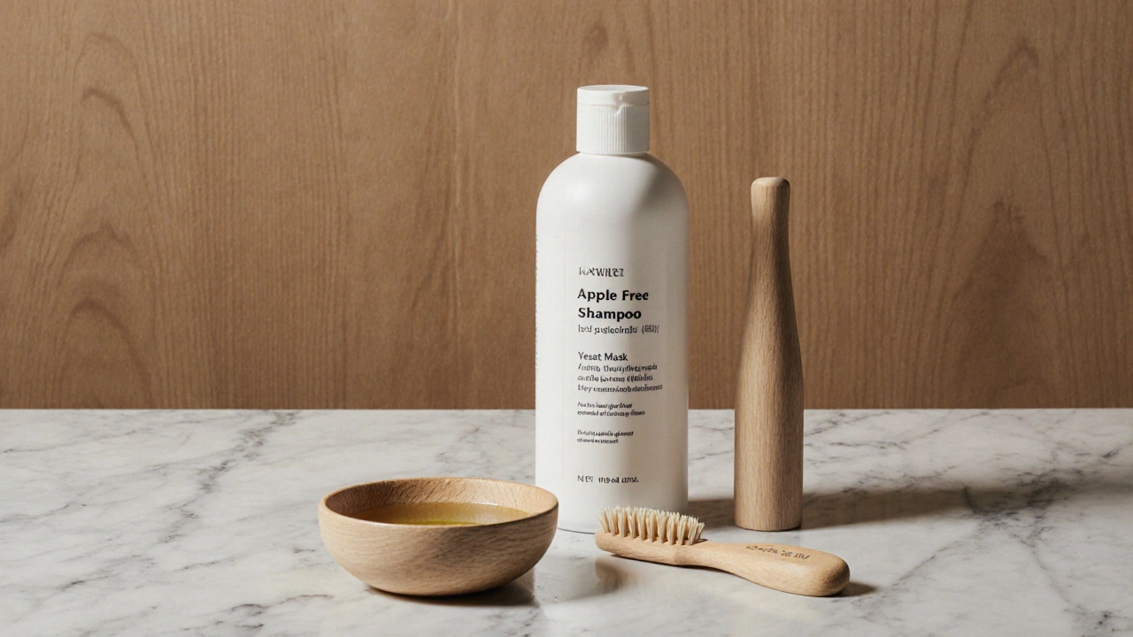 Dřevěný kartáček, šampon a domácí maska na kámen, symbolizující přirozenou péči o vlasovou pokožku.