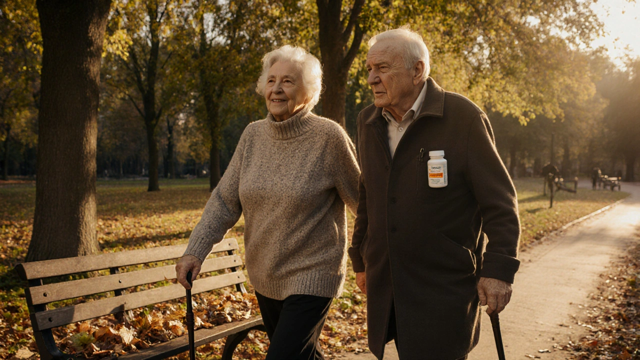 Dva stáří lidé se procházejí v parku bez hůlek, symbol aktivního a bolestivého stárnutí.