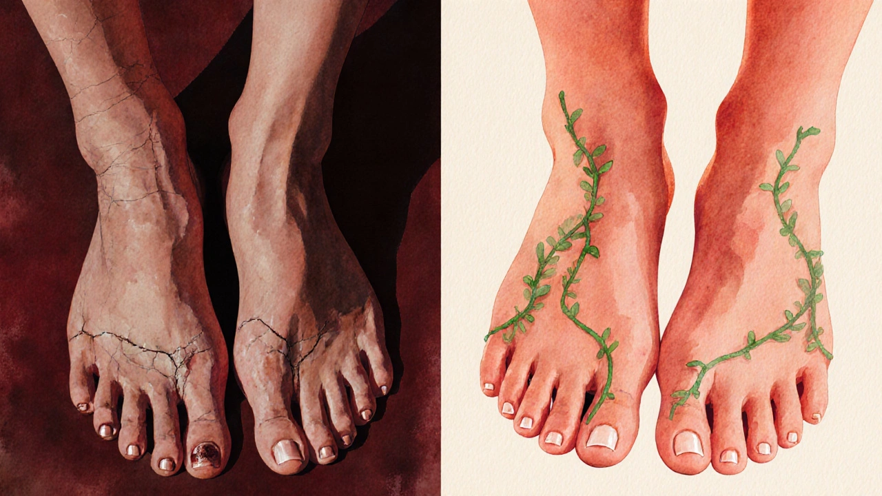 Dvě části obrázku: poškozené a zdravé nohy v kontrastu.