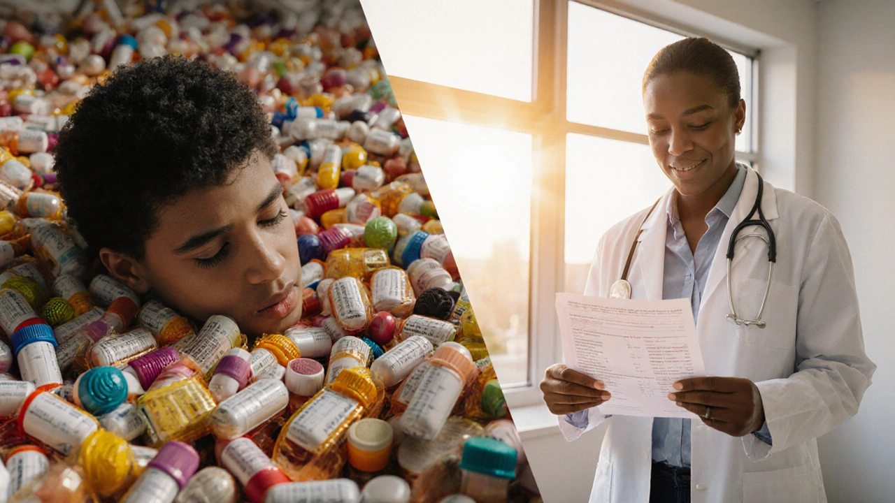 Dvě cesty: jedna pod hromadami vitamínů, druhá s laboratorním výsledkem v klinice.