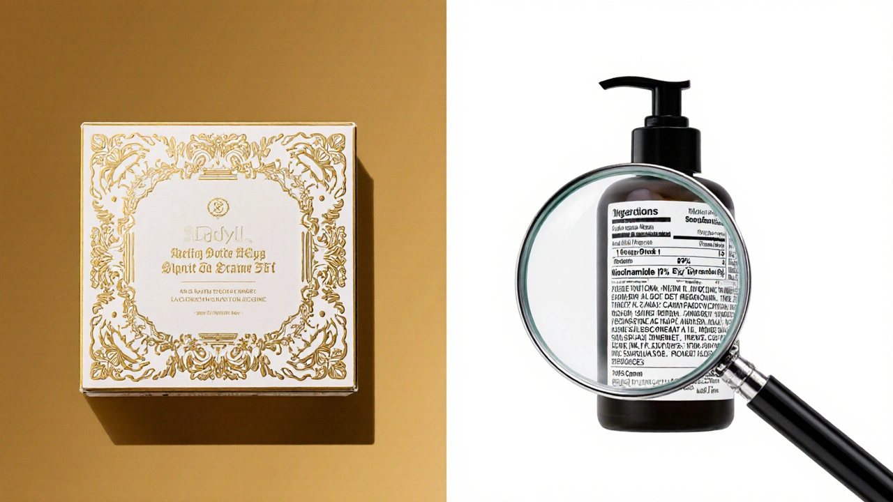 Dvě kosmetické balení: jedno luxusní s nejasnými sliby, druhé jednoduché s jasnými účinnými látkami.