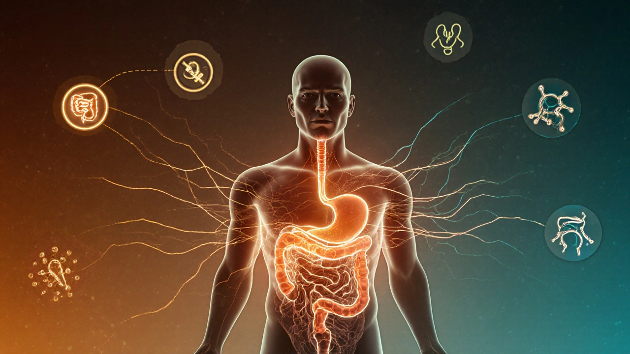 Grafický náhled probiotik v těle s ochrannou sítí v trávicím traktu