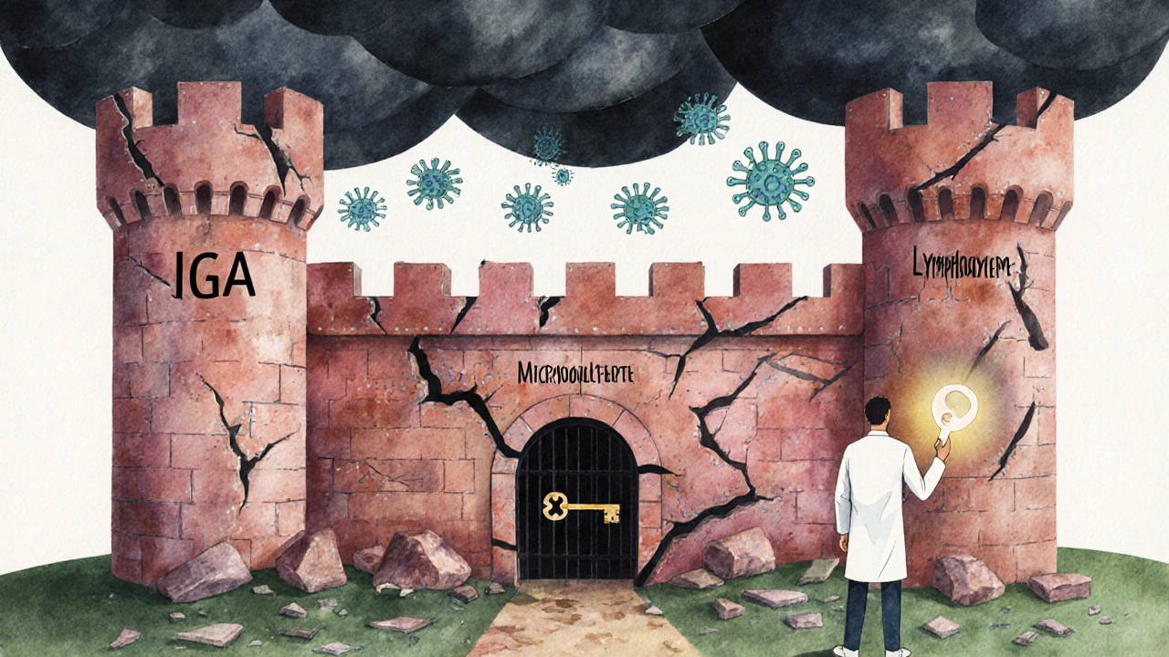 Ilustrace imunitního systému jako zřícené pevnosti pod útokem patogenů s lékařem u brány.