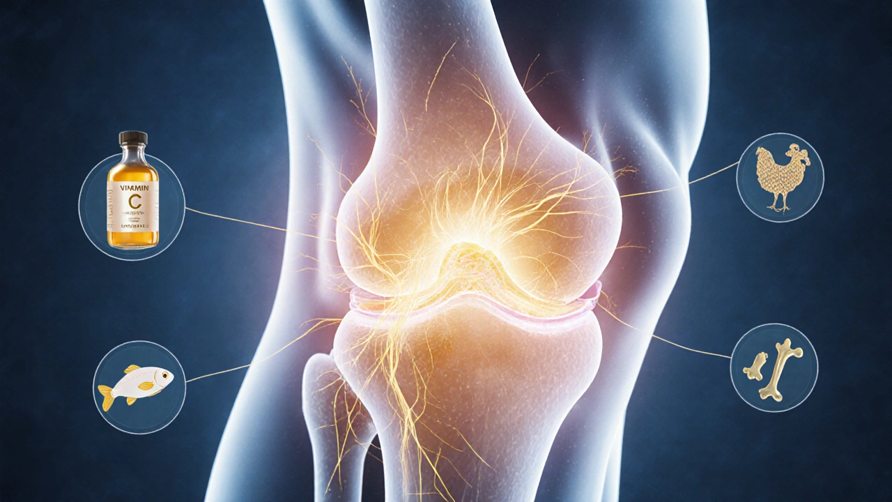 Ilustrace kloubu, kde kolagenové vlákna obnovují chrupavku v transparentních vrstvách.