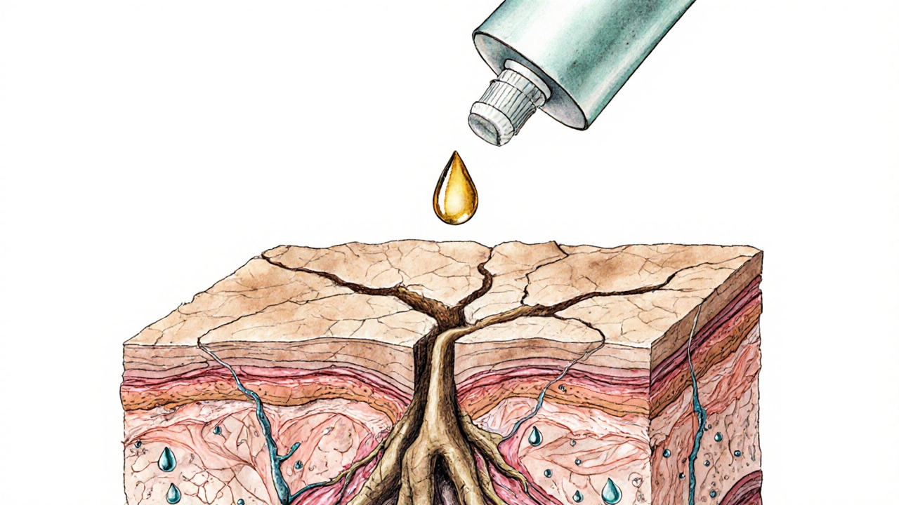 Ilustrace kůže s účinnými látkami pronikajícími do hlubokých vrstev jako voda do kořenů.