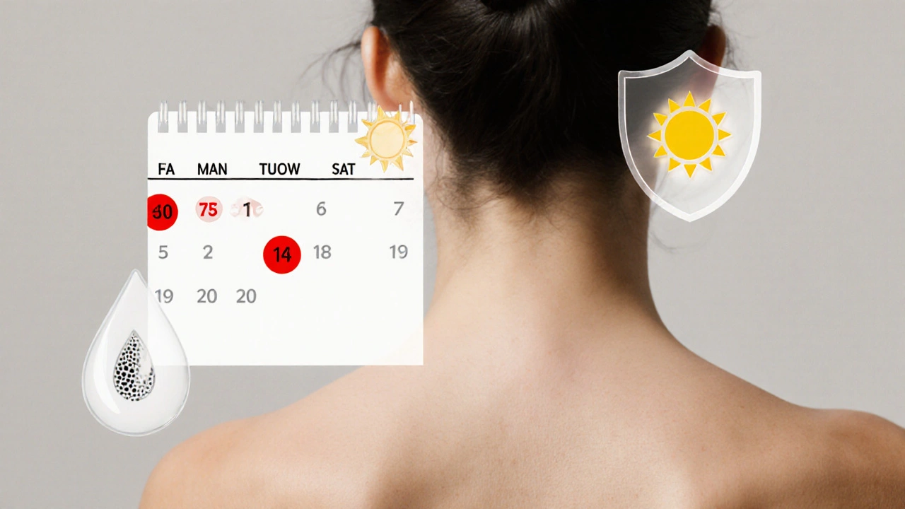 Kalendář s označenými dny pro peeling, symboly ochrany kůže a hydratace, konceptuální kompozice.