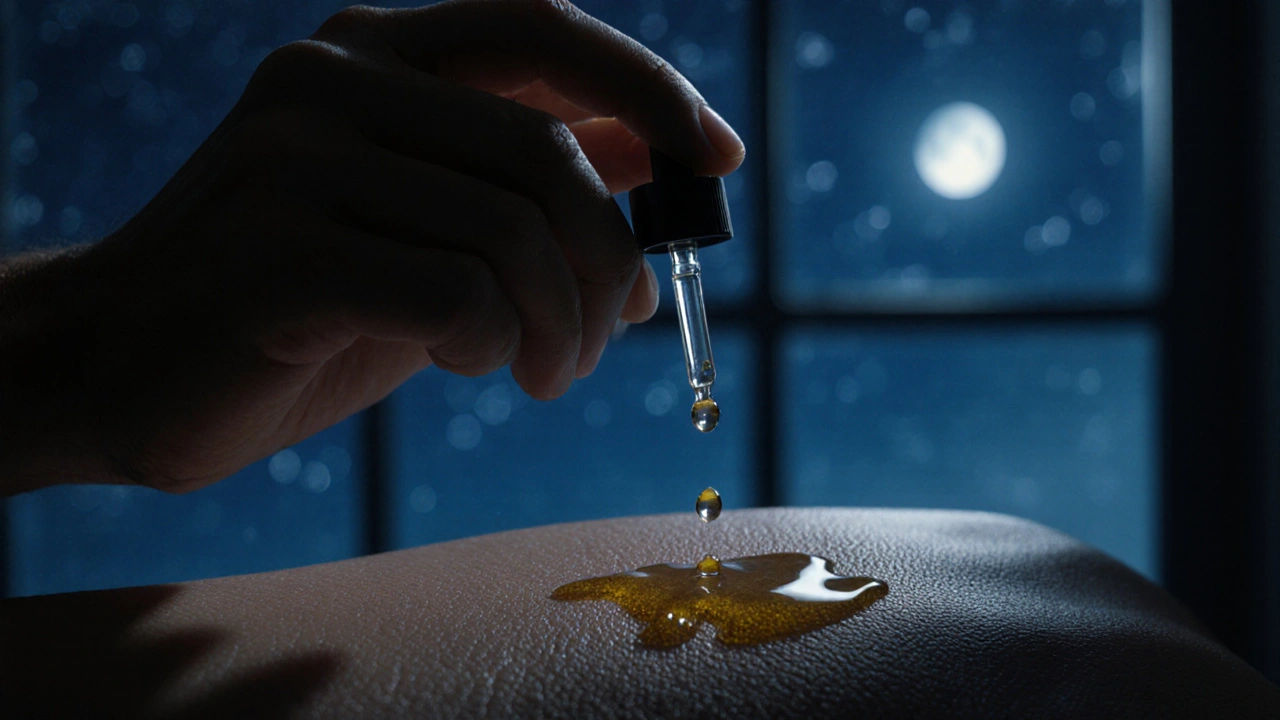 Kapky oleje na kůži v nočním světle, symbolizující noční regeneraci.