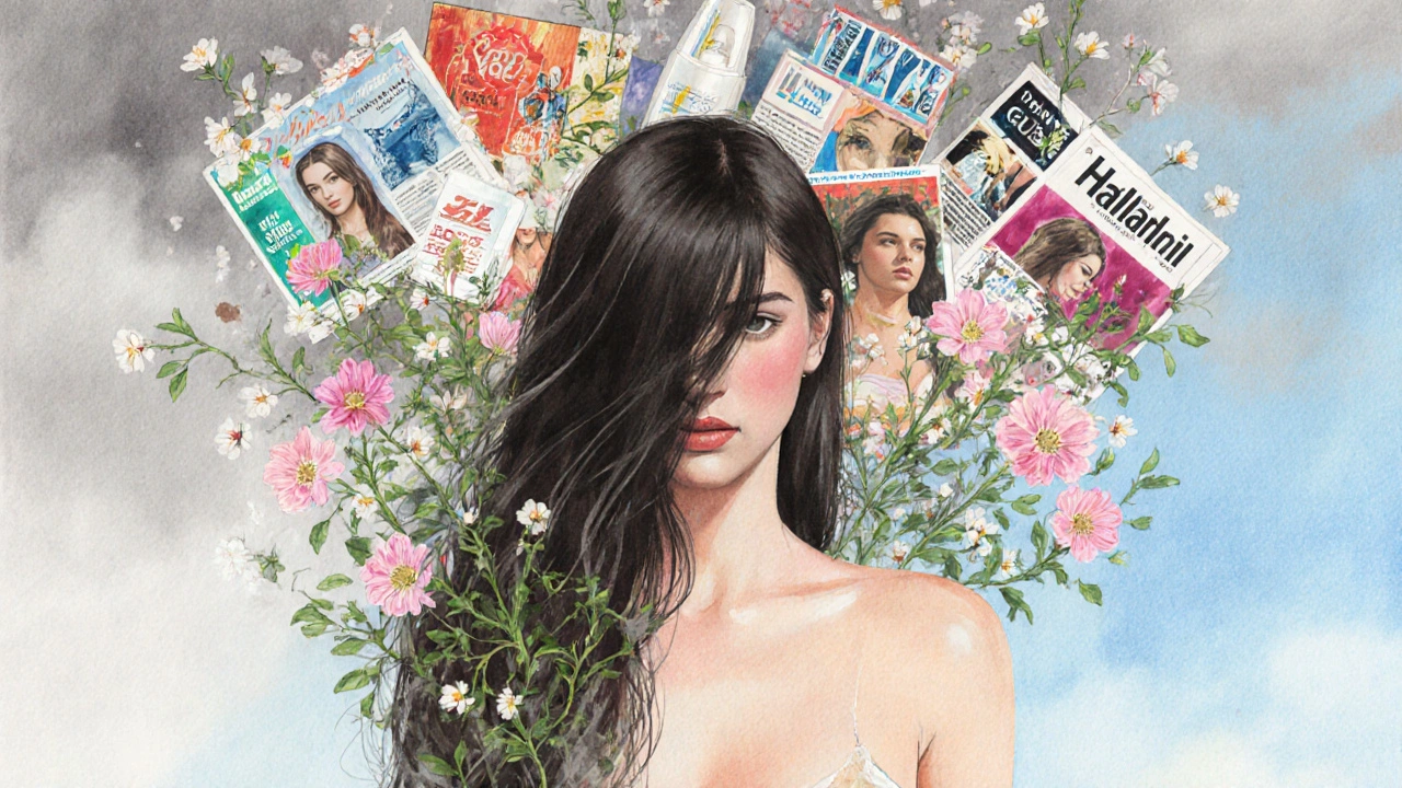 Koncepční ilustrace ženy, jejíž tělo je polovičně hladké a polovičně přirozené, za ní se rozpadají reklamní ikony.