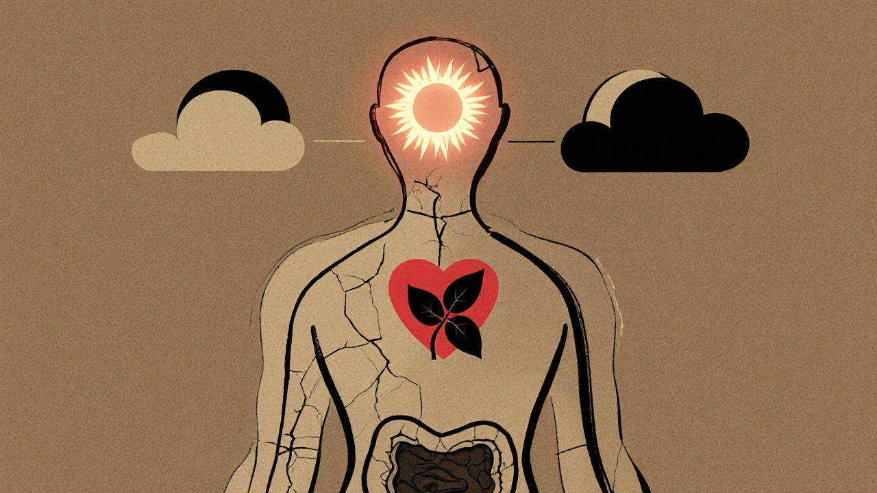 Kontur lidského těla s vykreslenými vitamíny D, B12 a biotinem a příznaky jejich nedostatku na kůži a vlasech.