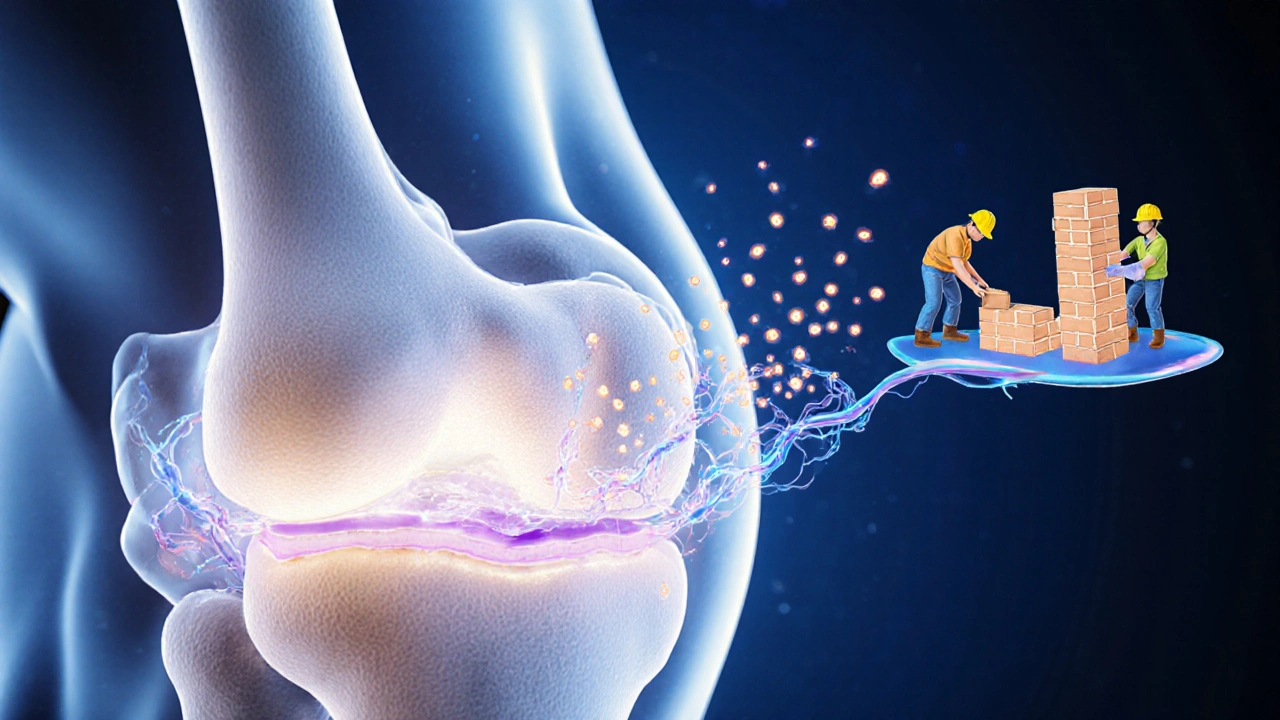 Křížový řez kloubu s viditelnými kolagenovými vlákny a buňkami, které obnovují chrupavku.