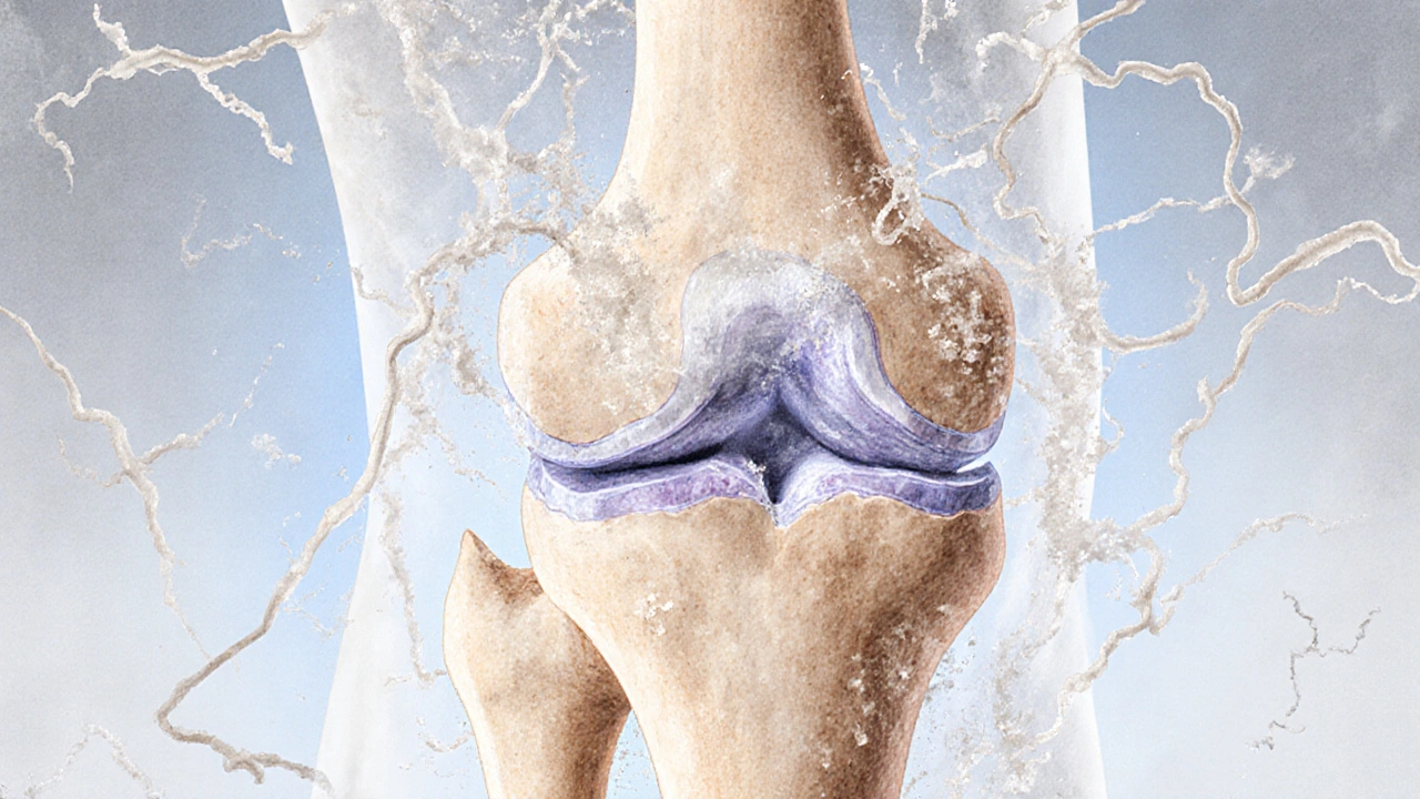 Křížový řez kolenního kloubu s tenkou chrupavkou a třením kostí.