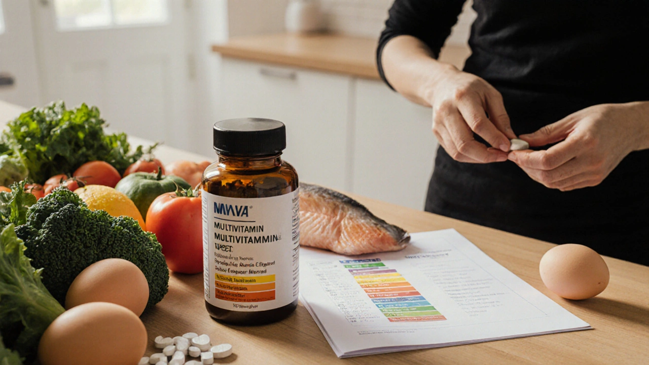 Kuchyňský stolek s multivitaminem, laboratorním výsledkem a zdravými potravinami.