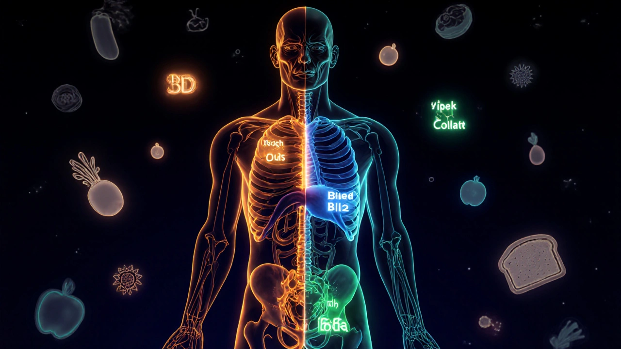 Lidská silueta s vnitřními biochemickými cestami osvětlenými barvami vitamínů.