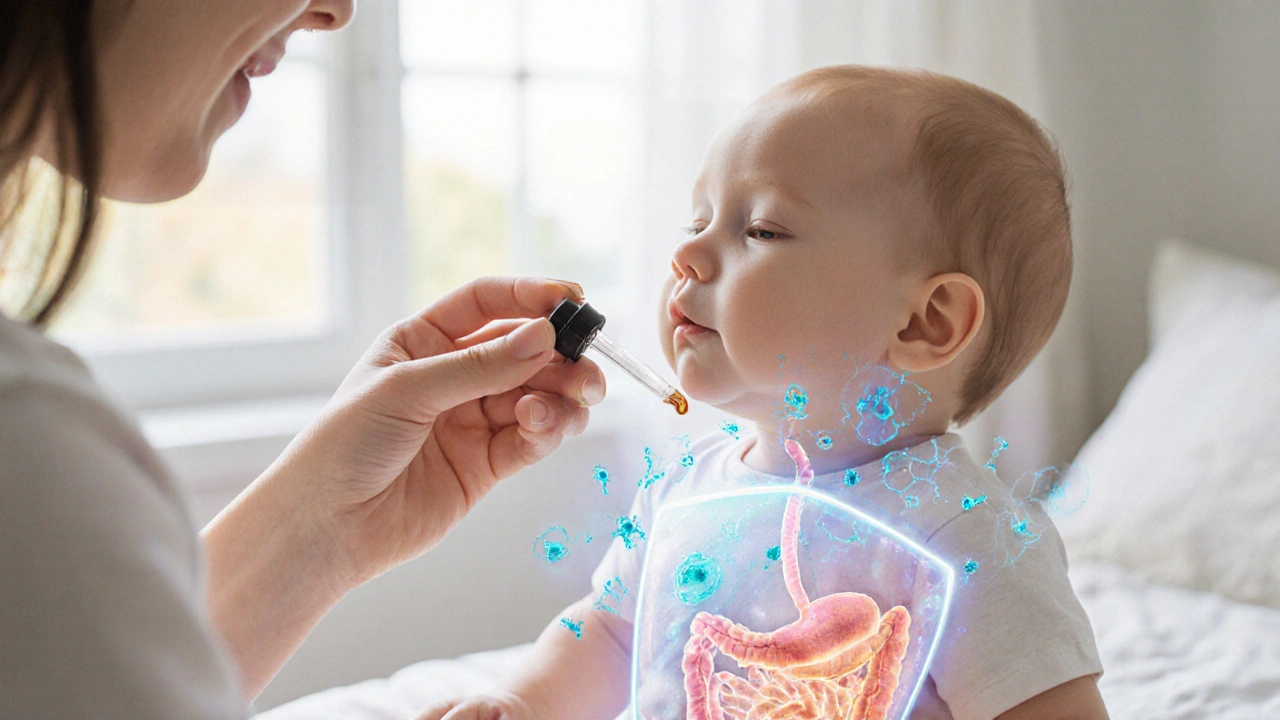 Matka podává dítěti kapky probiotik s ochranným mikrobiálním štítem