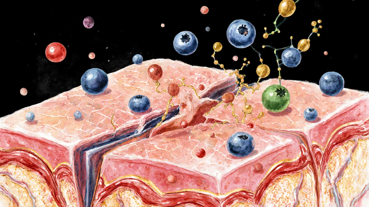 Mikroskopický pohled na kůži: kolagen se rozpadá, antioxidanty bojují proti volným radikálům.