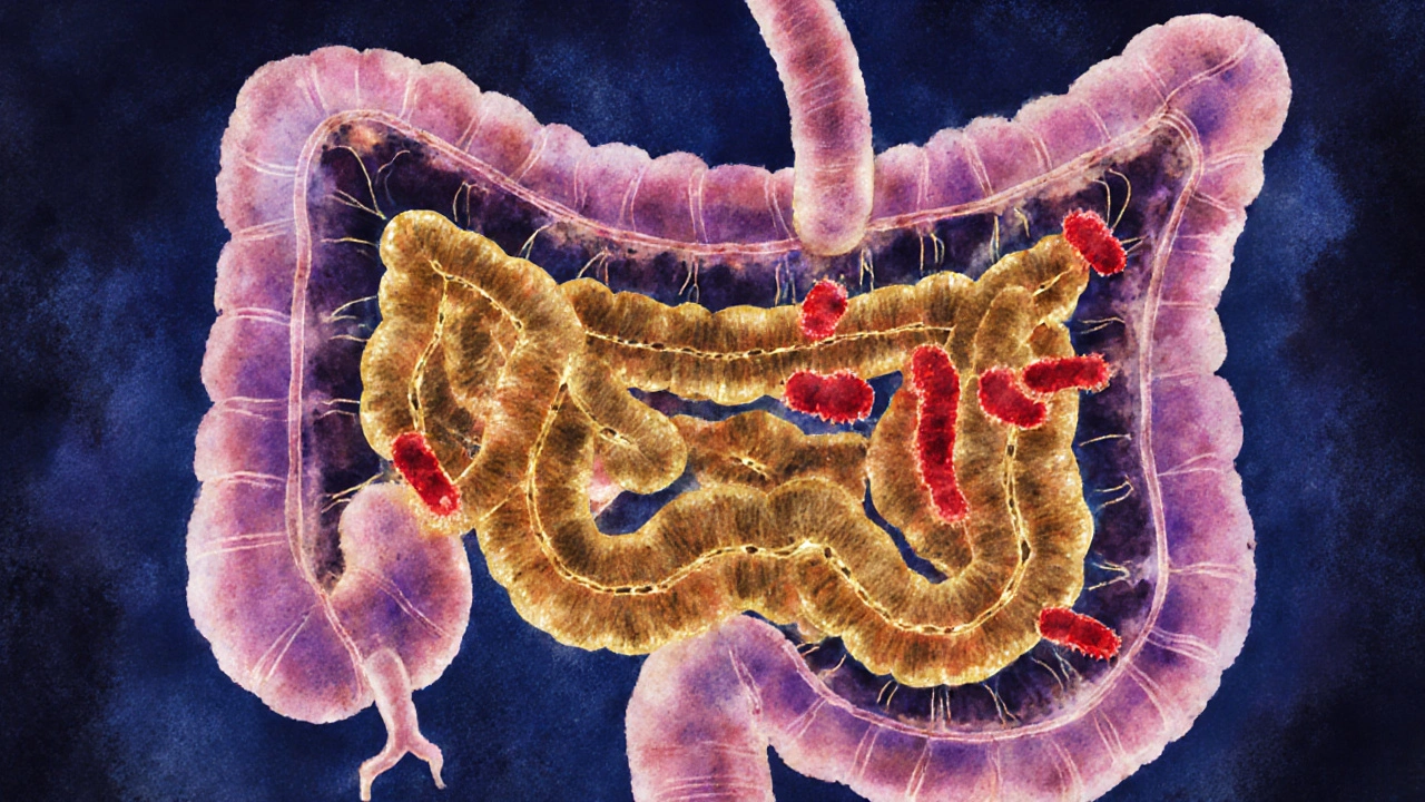 Mikroskopický pohled na prospěšné bakterie v trávicím traktu psa.