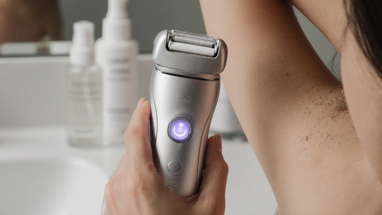 Moderní epilátor odstraňuje chloupky z podpaží, ruka drží zařízení na kůži.