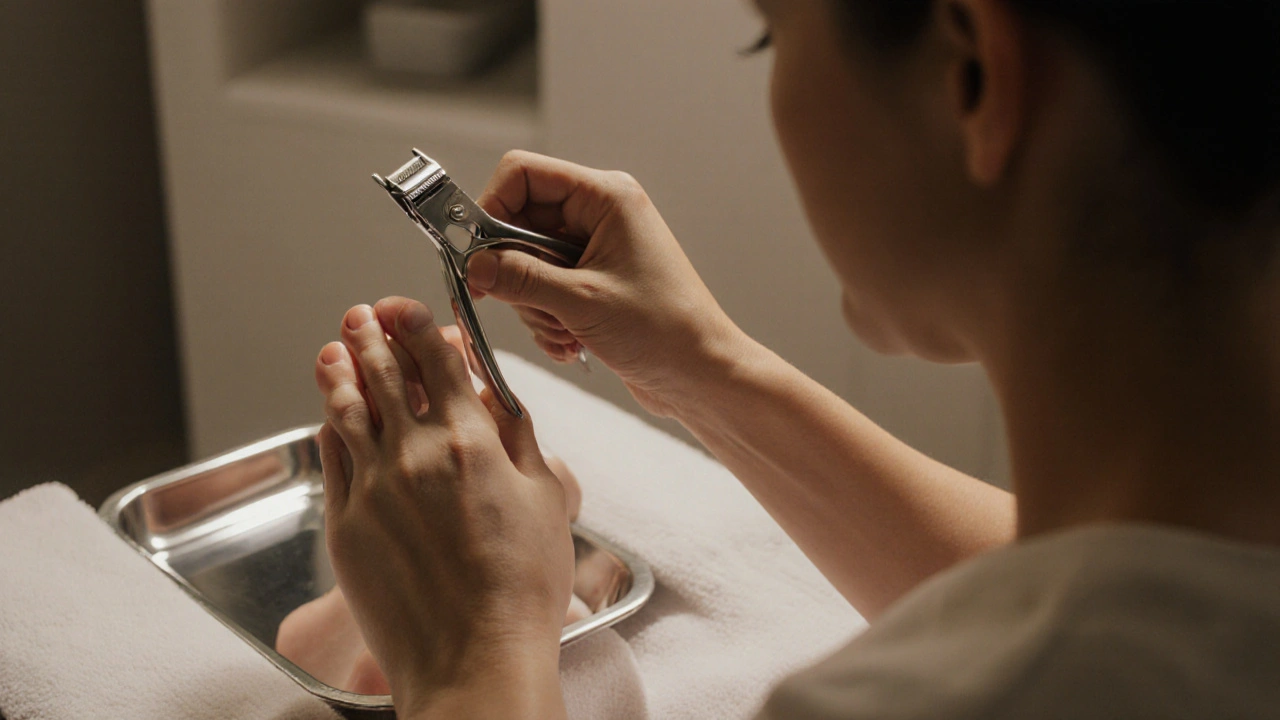 Odborník přesně stříhá nehty na nohou sterilními nástroji v čistém prostředí.