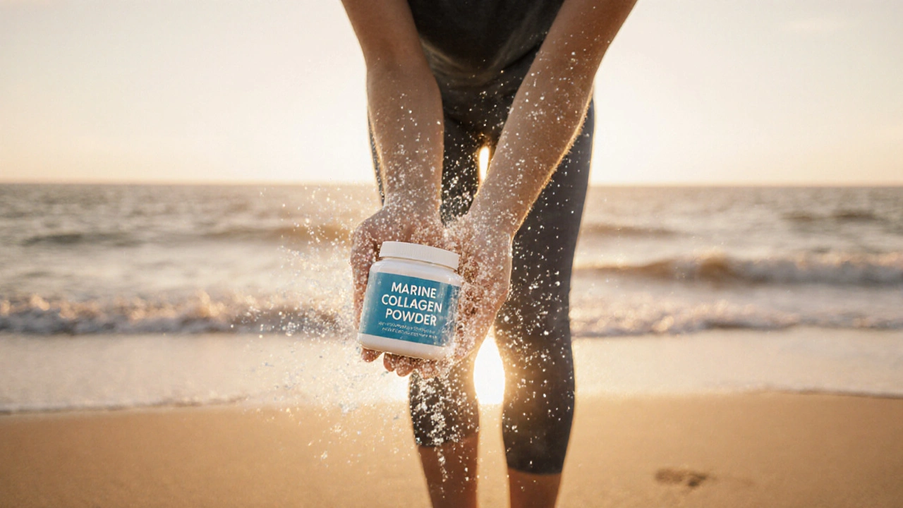 Osoba na pláži při východu slunce, drží nádobu s mořským kolagenem, který se mění v zdravou pokožku a klouby.