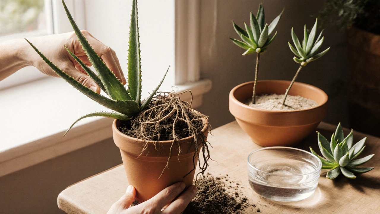 Osoba přesazuje aloe vera do většího hrnčíku s suchou půdou a viditelnými kořeny.