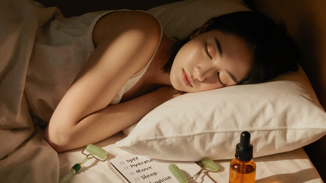 Osoba spí na zádech s čistým polštářem a jednoduchými nástroji pro péči o pleť.