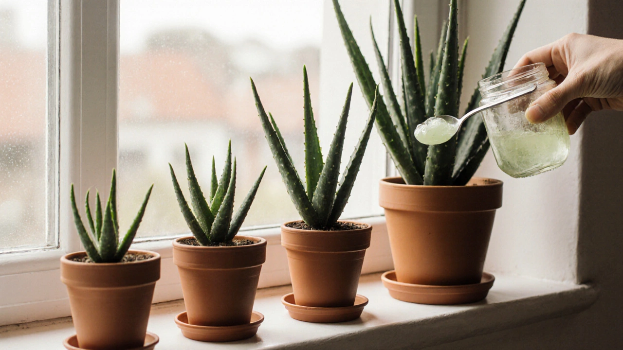 Pět malých aloe vera rostlinek na okně, jedna velká rostlina v pozadí s gelovým výtažkem.
