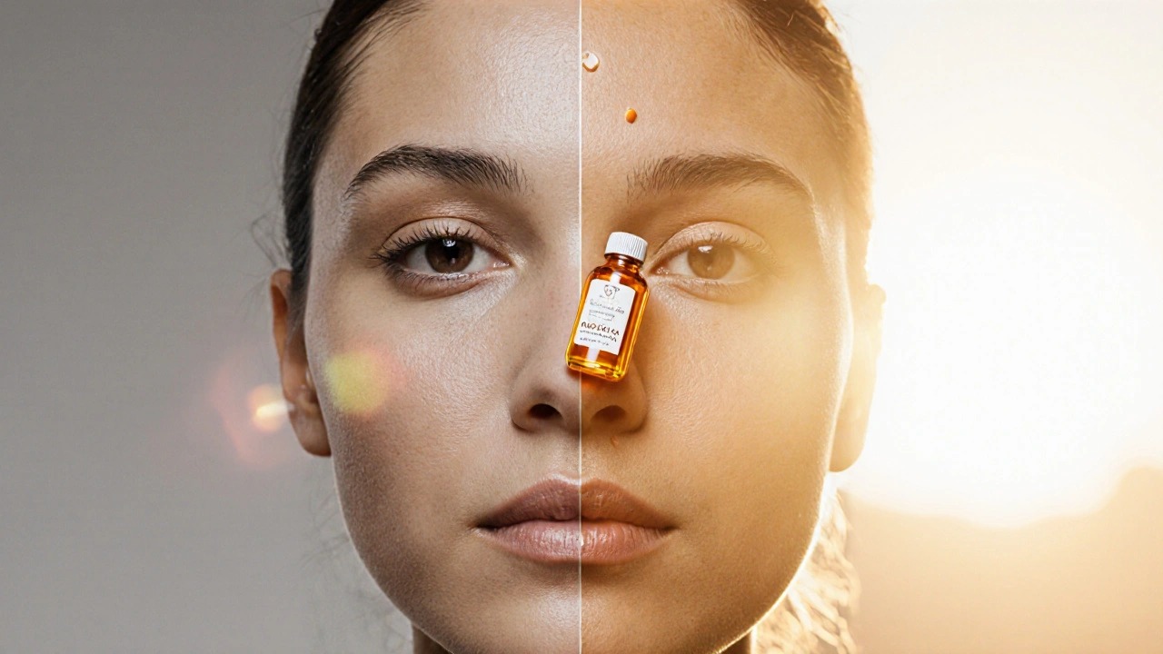 Porovnání matné a zářivé pokožky s kapkou séra mezi nimi.