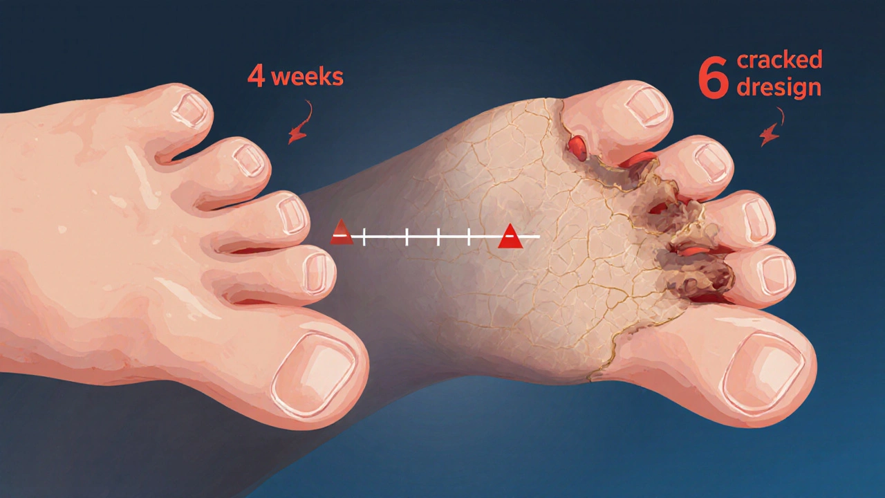 Porovnání zdravé nohy po 4 týdnech a poškozené nohy po 6 týdnech bez péče.
