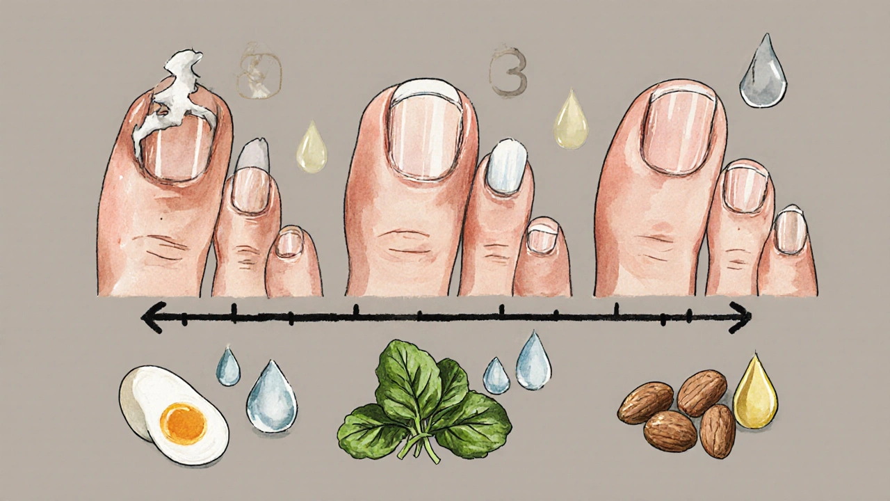Postupný vývoj nehtů od křehkých ke silným během tří měsíců s potravinami bohatými na biotin.