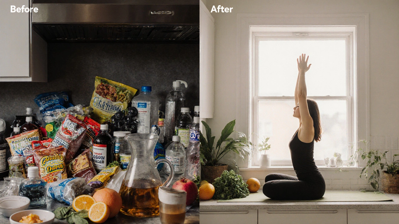 Před a po: znečištěná kuchyně versus čistý, přirozený prostor.