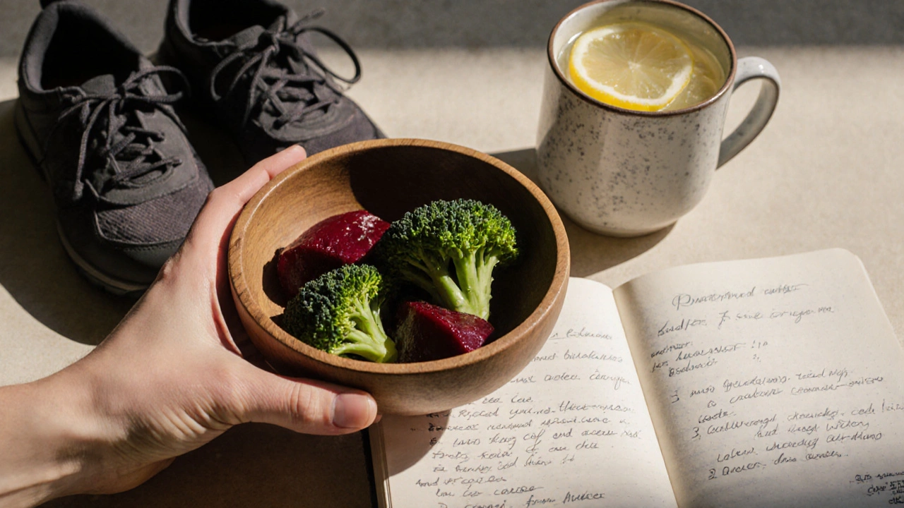 Přírodní jídlo a nápoje s doprovodnými prvky zdravého života na stole.