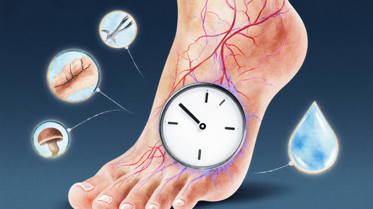 Průhledná noha s hodinami ukazujícími ideální interval pedikúry a symboly prevence.