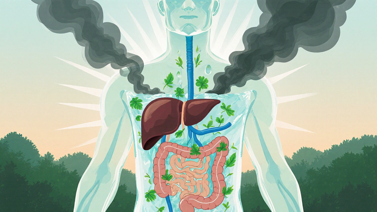 Průhledné vnitřní orgány těla filtrují toxiny pod světlem východu slunce.